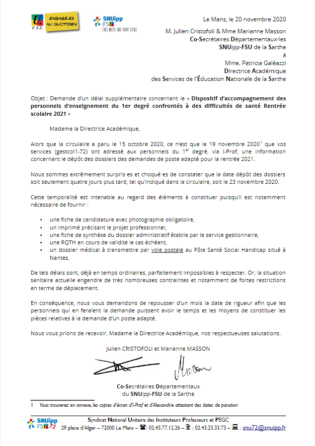 Postes Adaptes Le Snuipp Fsu 72 Ecrit A La Dasen Mise A Jour 23 Nov Snuipp Fsu De La Sarthe